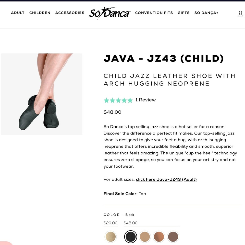 So Danca Java Kids Black‎ Leather Split Sole Jazz Dance Shoes JZ43 Size 12